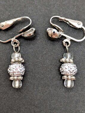 Clip-On Handmade Studded Silver Disco Ball Earrings Y2K Y3K Dainty Glam Funky